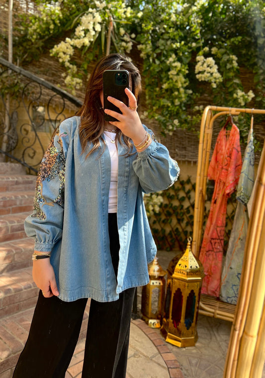 Light Blue Denim Embroidered Peacock Kimono