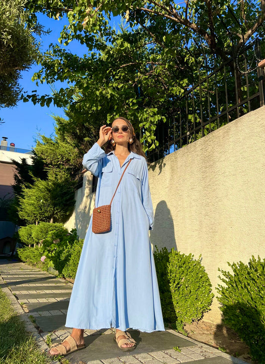 Blue Linen Shirt Dress With Pockets