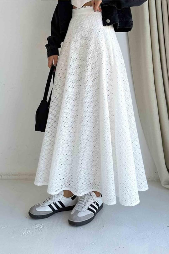 White Embroidered Cut Out Skirt