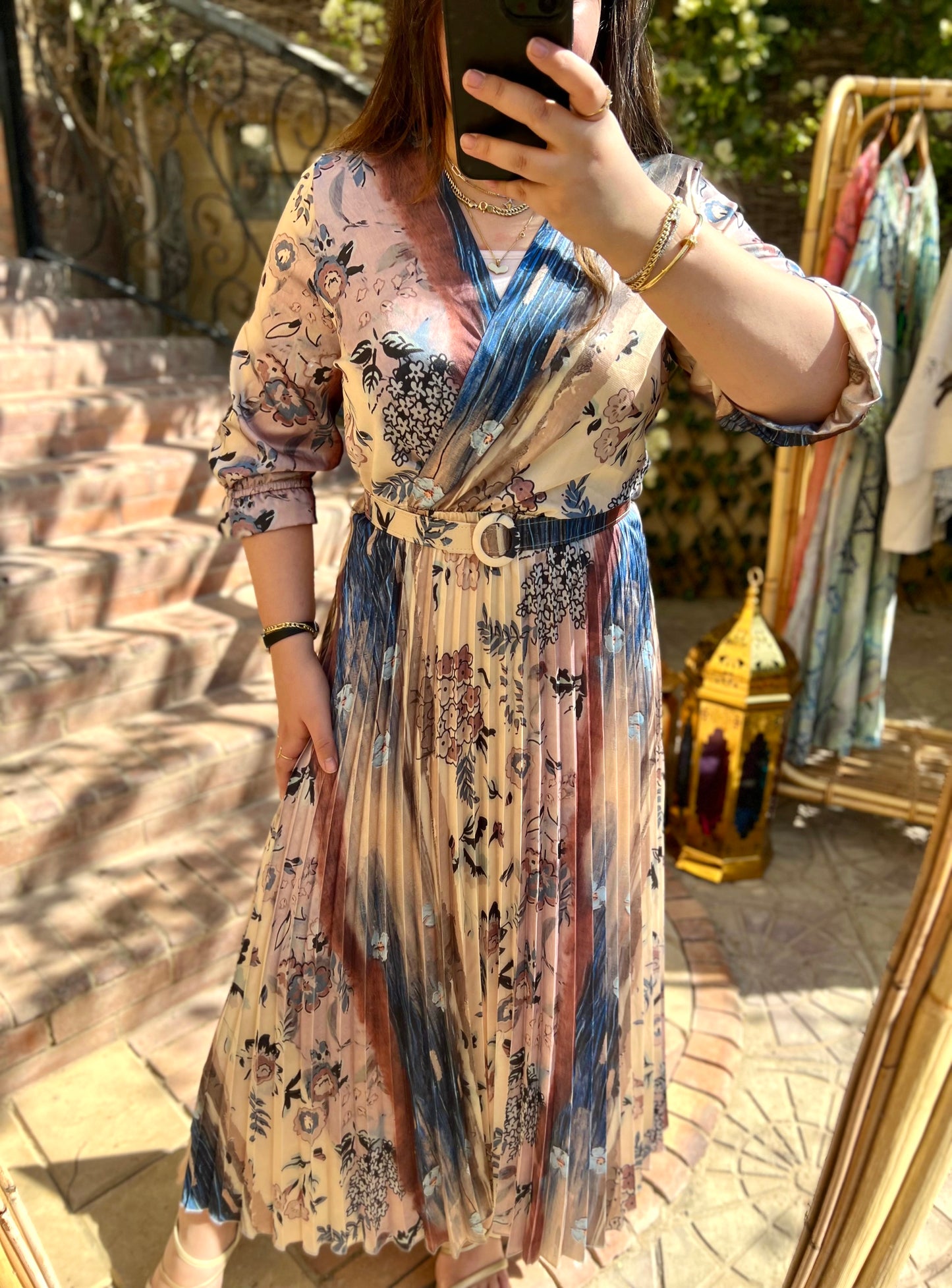 The Floral Pleated Satin Dress With Belt