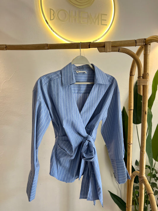 Striped Blue Tie Shirt With Side Belt (Petite Size)