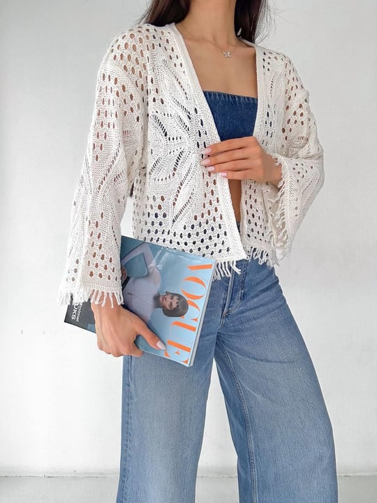 Off White Crochet Cardigan With Fringes