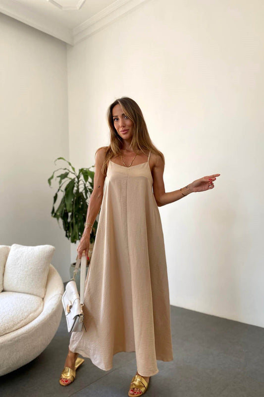Beige Linen Straps Basic Dress