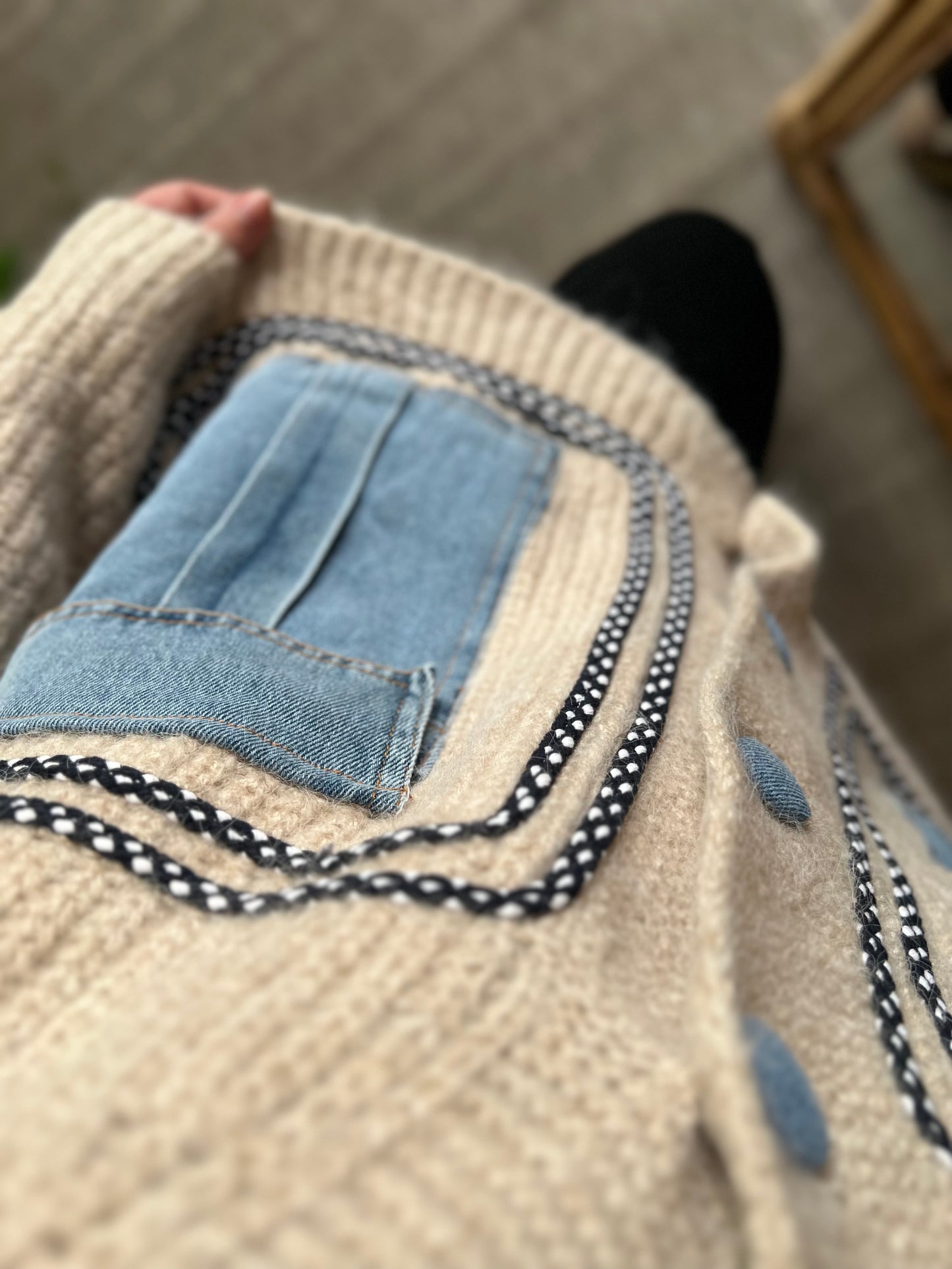 Beige Triko X Denim Cardigan With Pockets