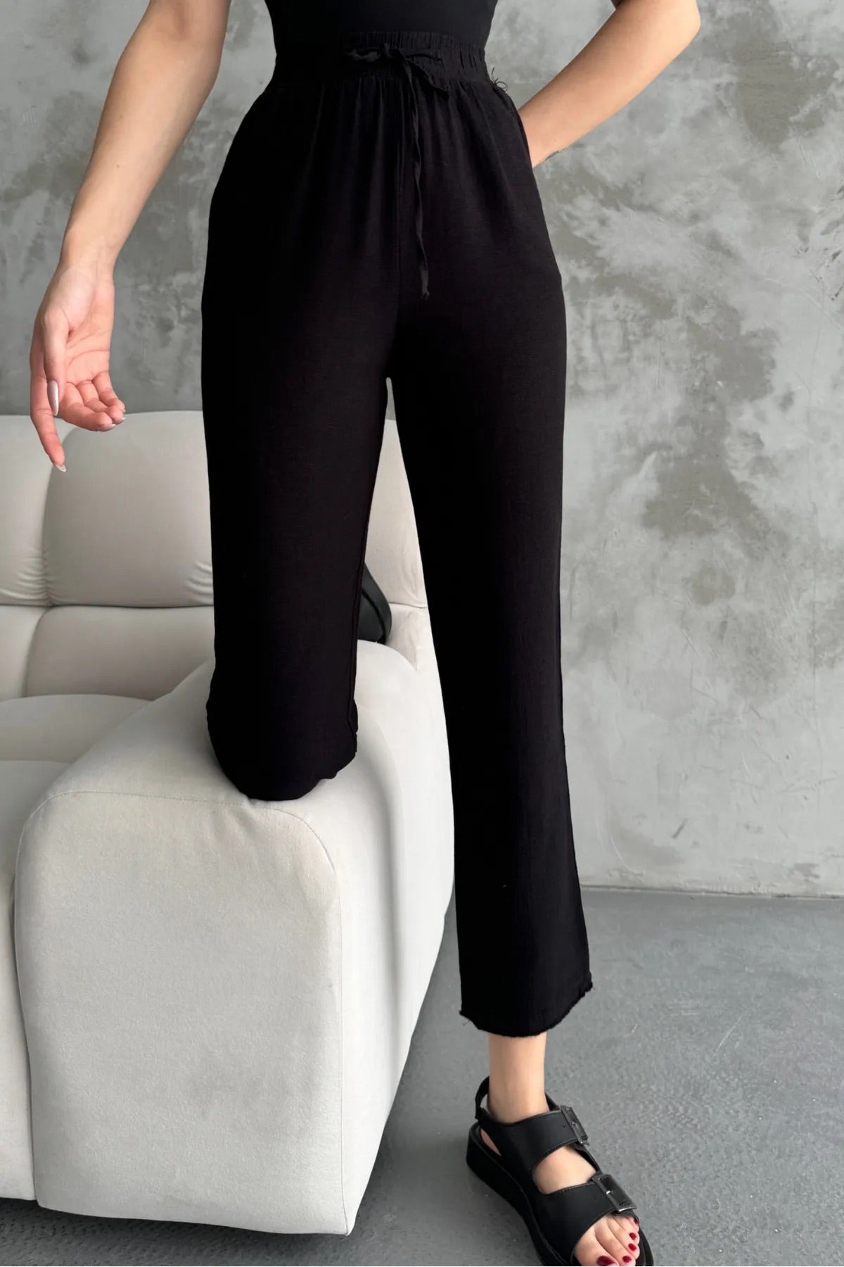 Black Muslin Cotton Pants With Fringes