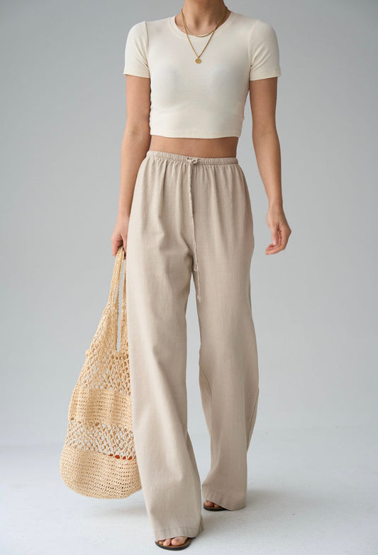 Linen Beige Straight Pants With Elastic Waist