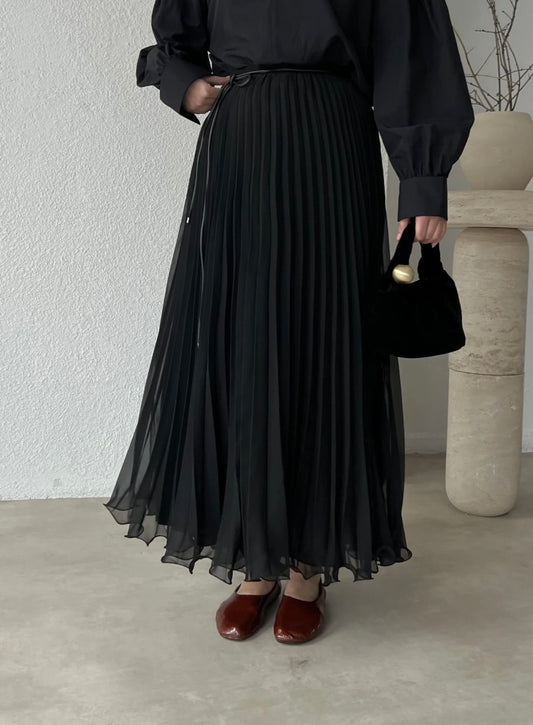 Black Chiffon Pleated Flowy Skirt