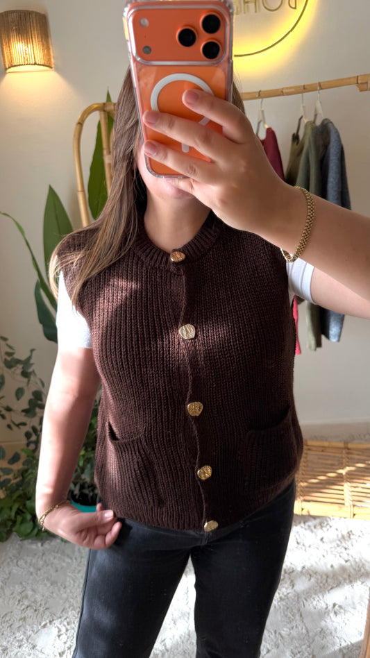 Brown Triko Vest With Pockets & Golden Buttons