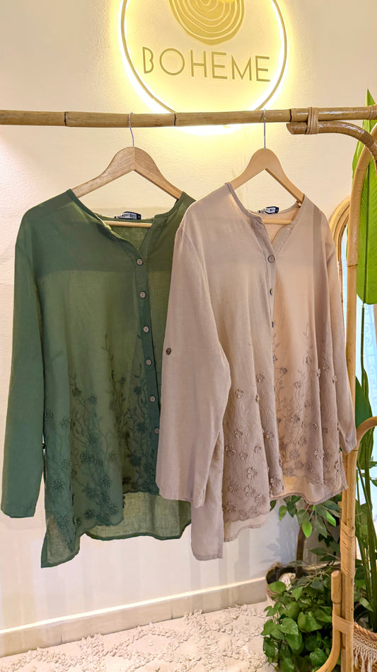 Olive Linen Textured Floral Blouse