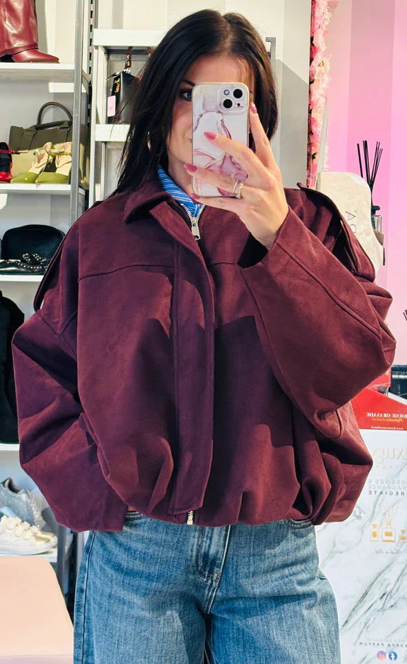 Burgundy Suede Jacket With Golden Zipper