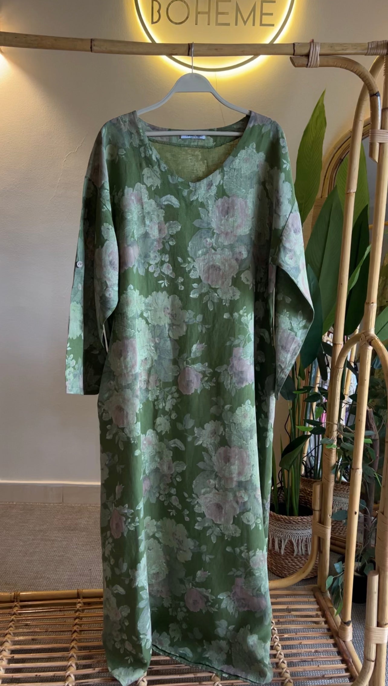 Italian Linen Green Floral Maxi Dress