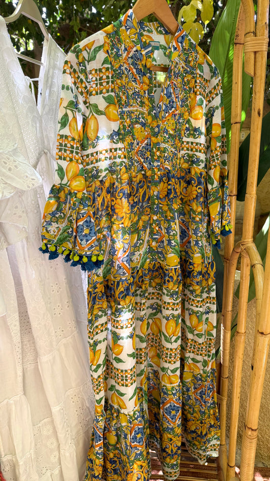 The Positano Embroidered Blue Lemon Dress With Tassels