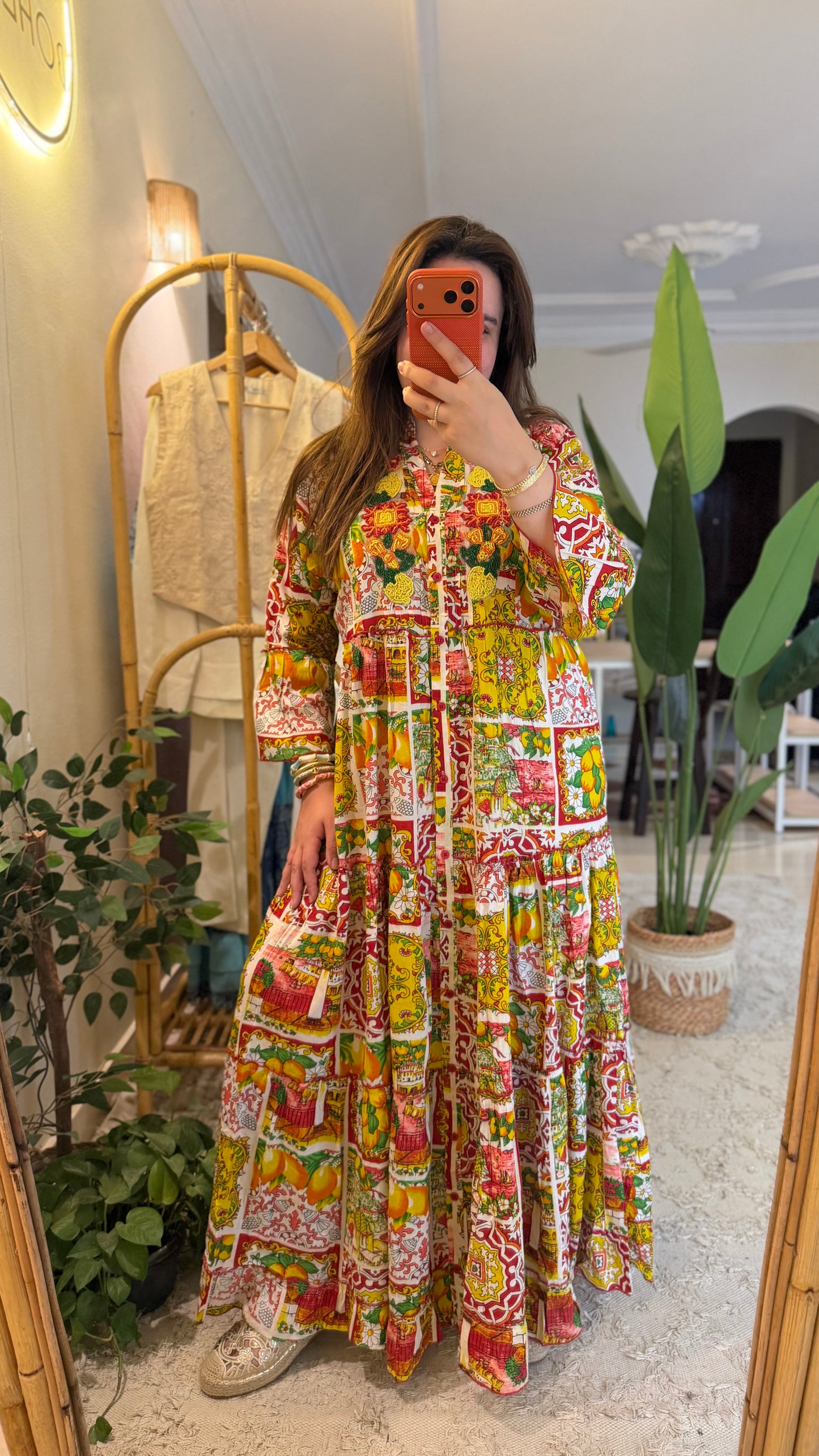 The Positano Embroidered Redish Lemon Dress