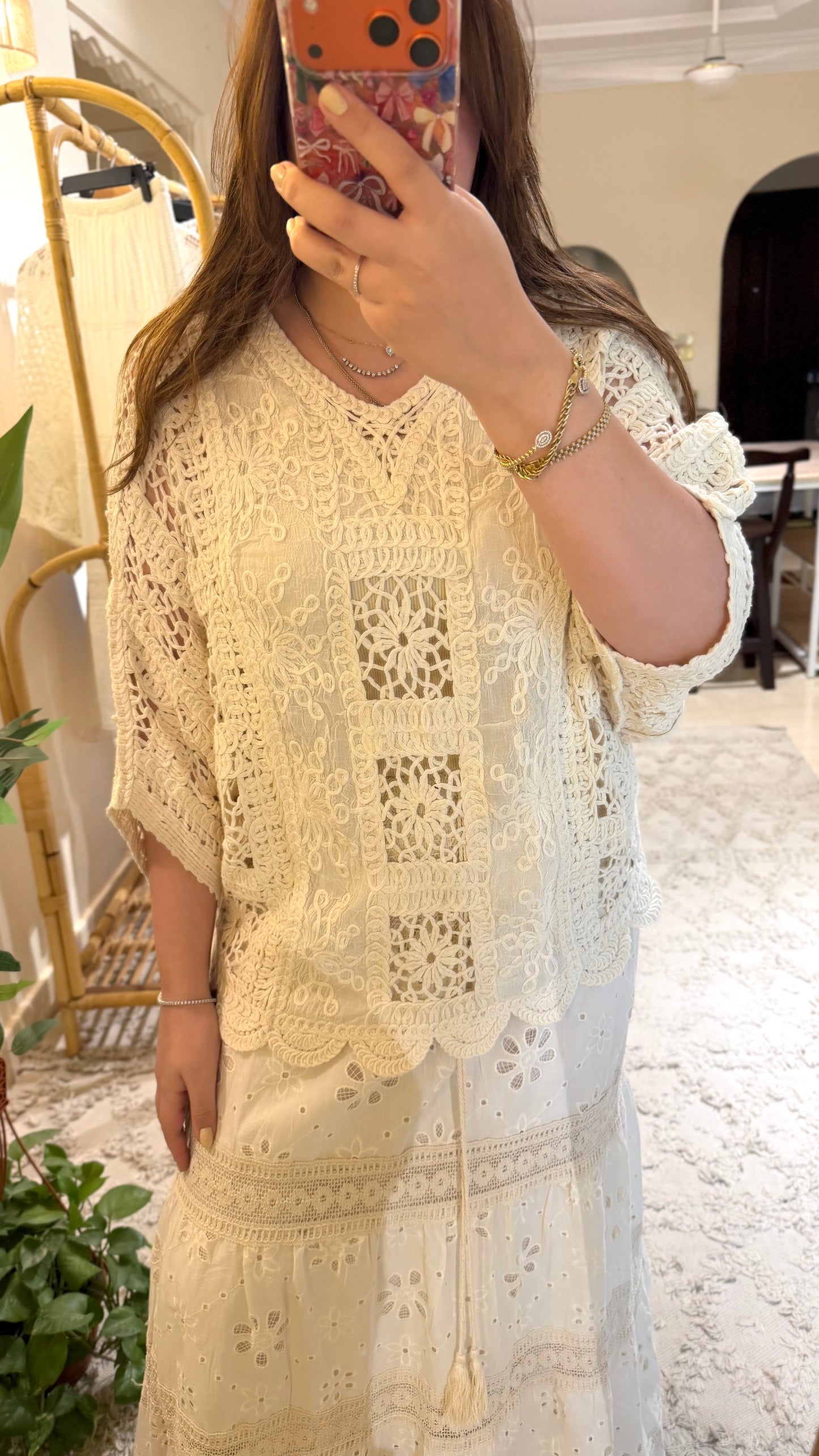 Beige Floral Crochet Long Blouse