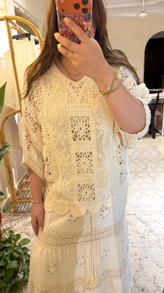 Beige Floral Crochet Long Blouse