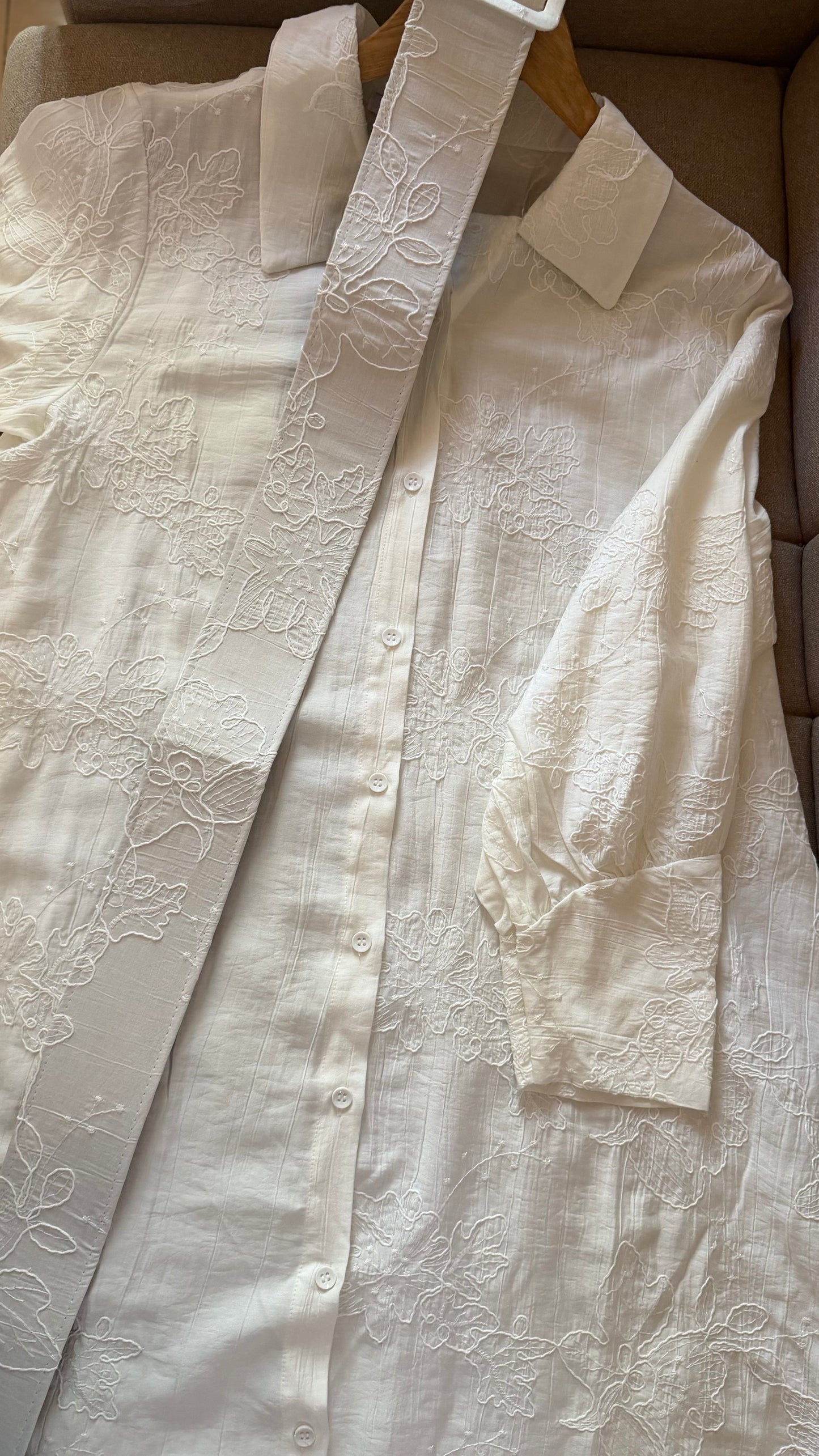White Embroidered Floral Belted Dress