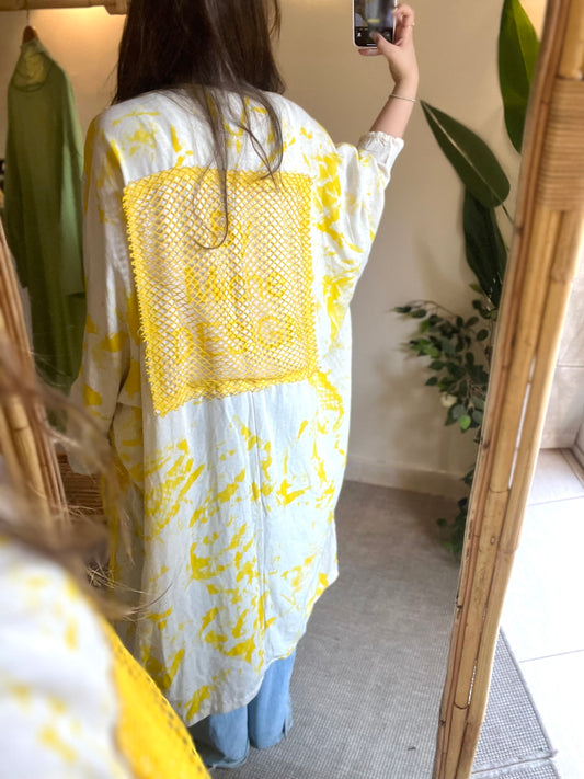 Linen Yellow X Beige Kimono With Pockets & Fishnet Details