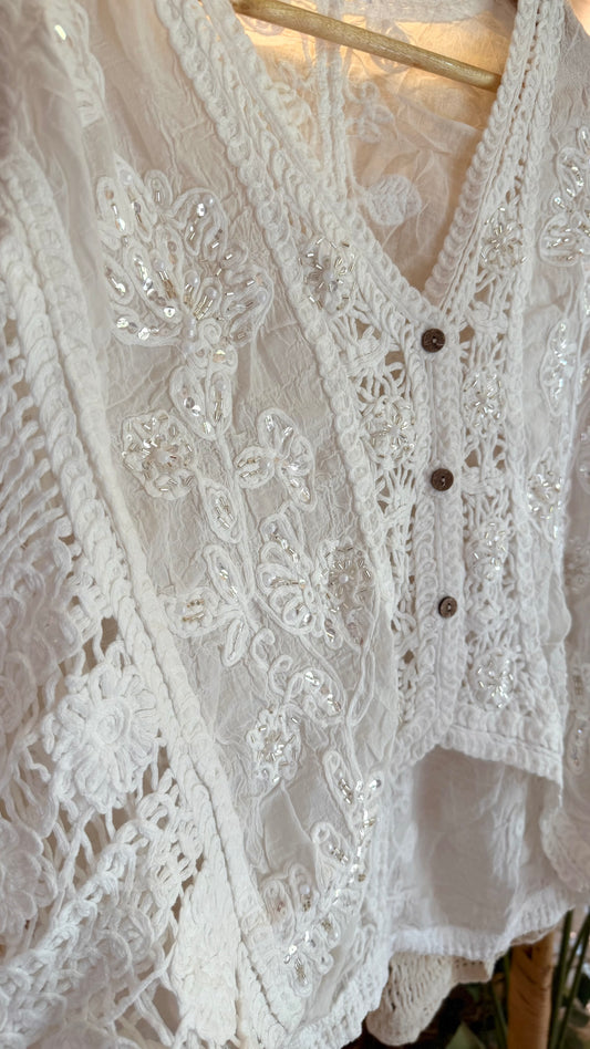 Italian White Beaded Sequins Crochet Top With Button