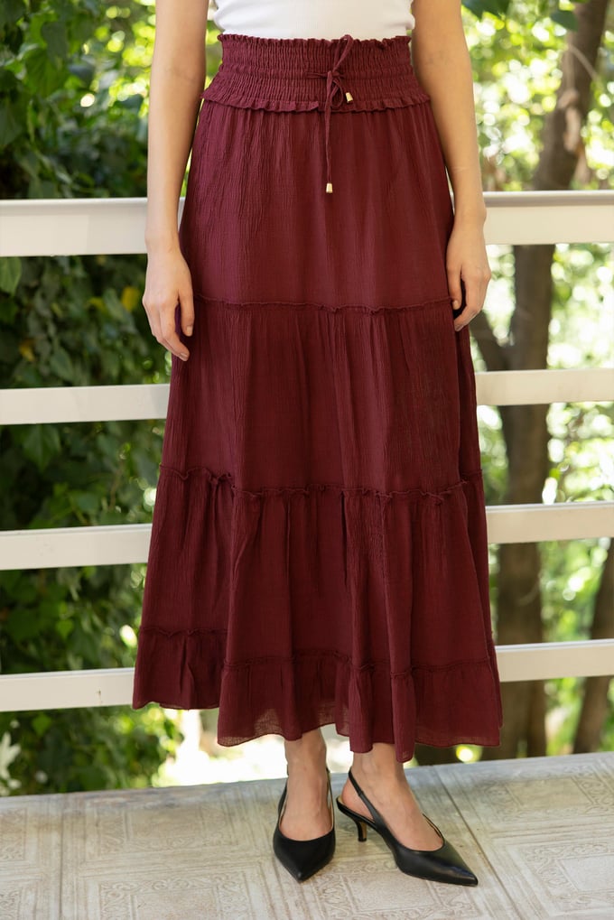 Burgundy Ruffled Elastic Waist Skirt