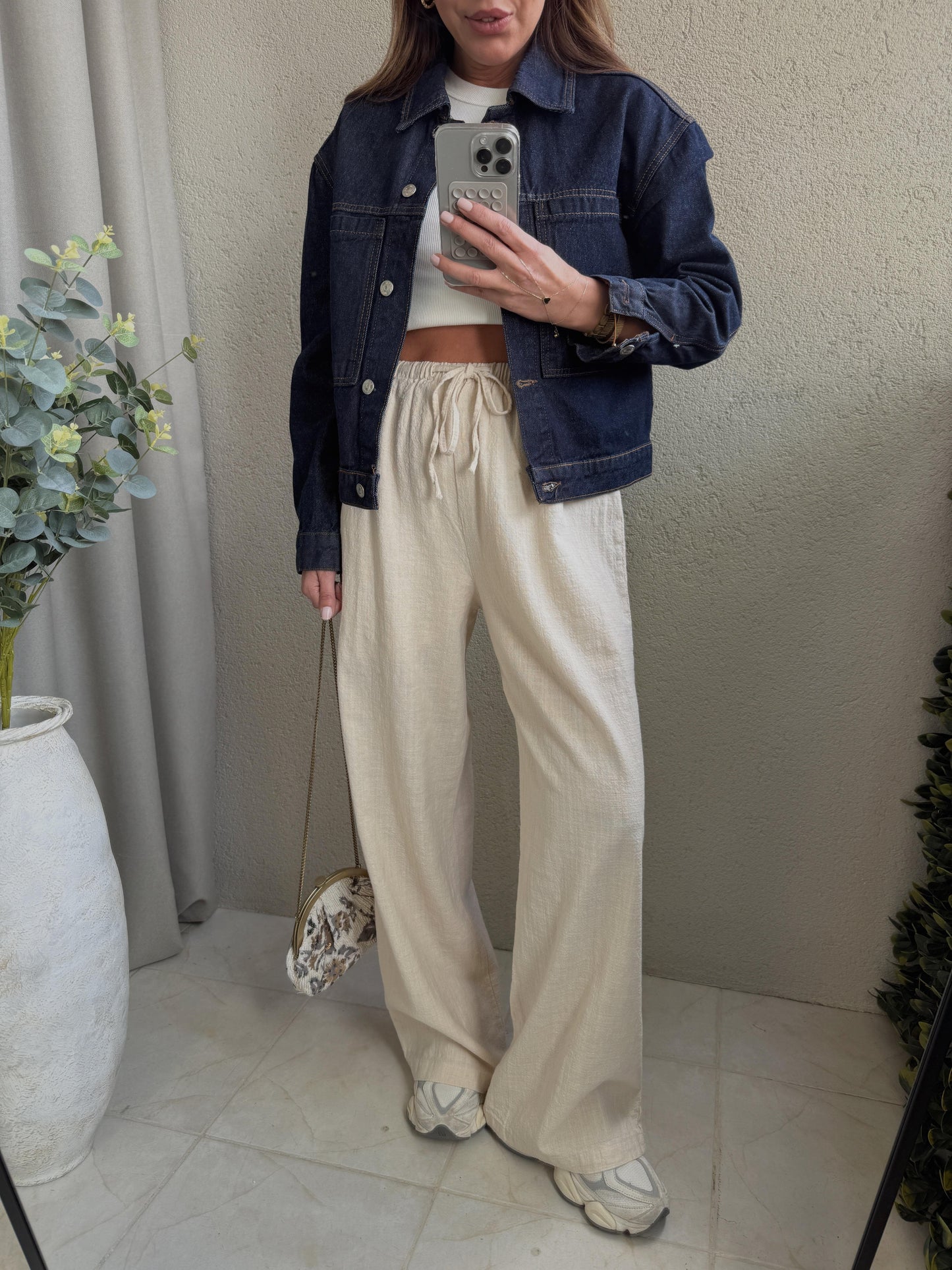 Linen Beige Straight Pants With Elastic Waist