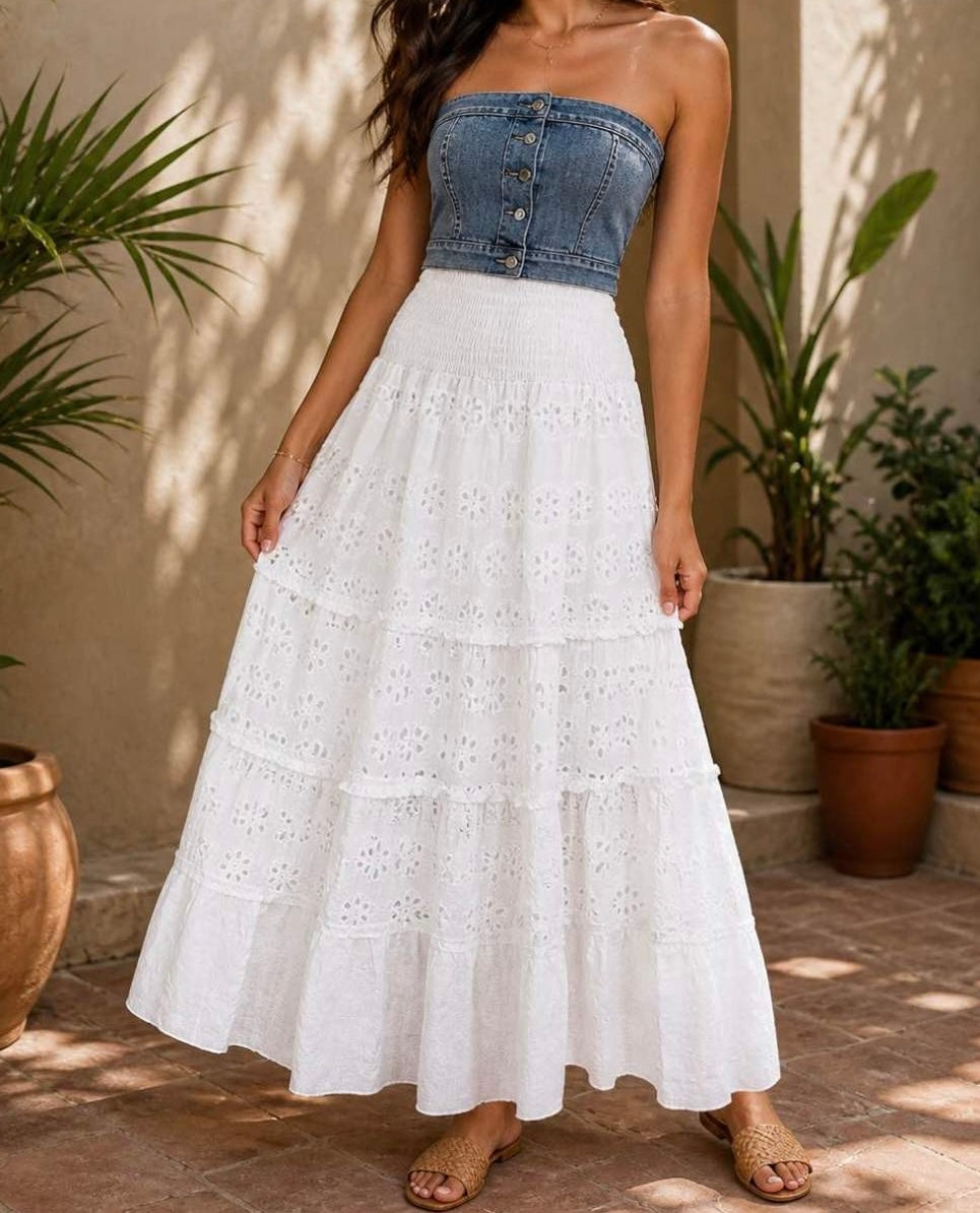 White Cotton Cut Out Skirt With Wide Waist