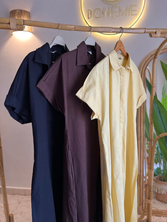 Chocolate Brown Linen Belted Dress