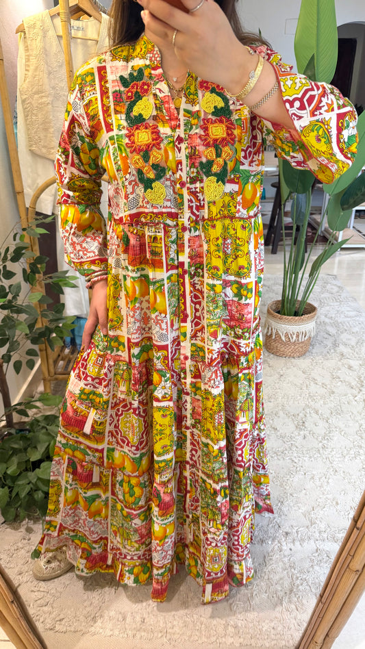 The Positano Embroidered Redish Lemon Dress