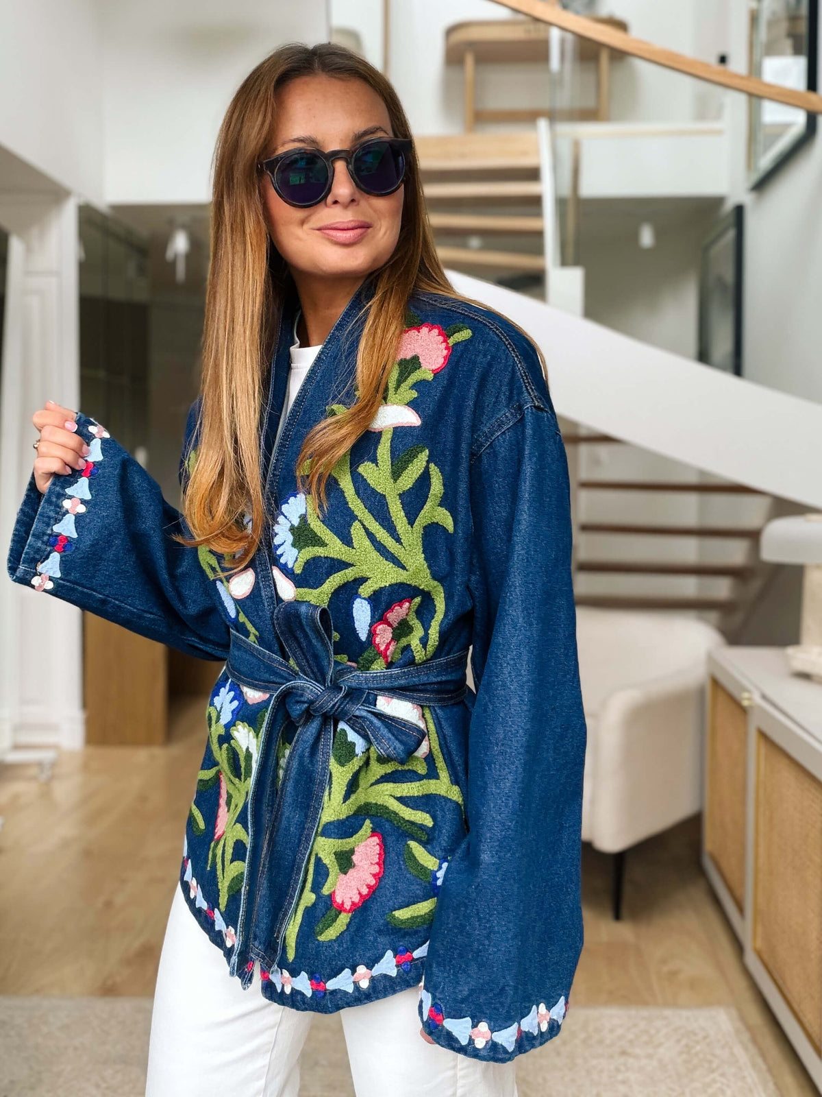 Dark Blue Floral Embroidered Denim Belted Jacket