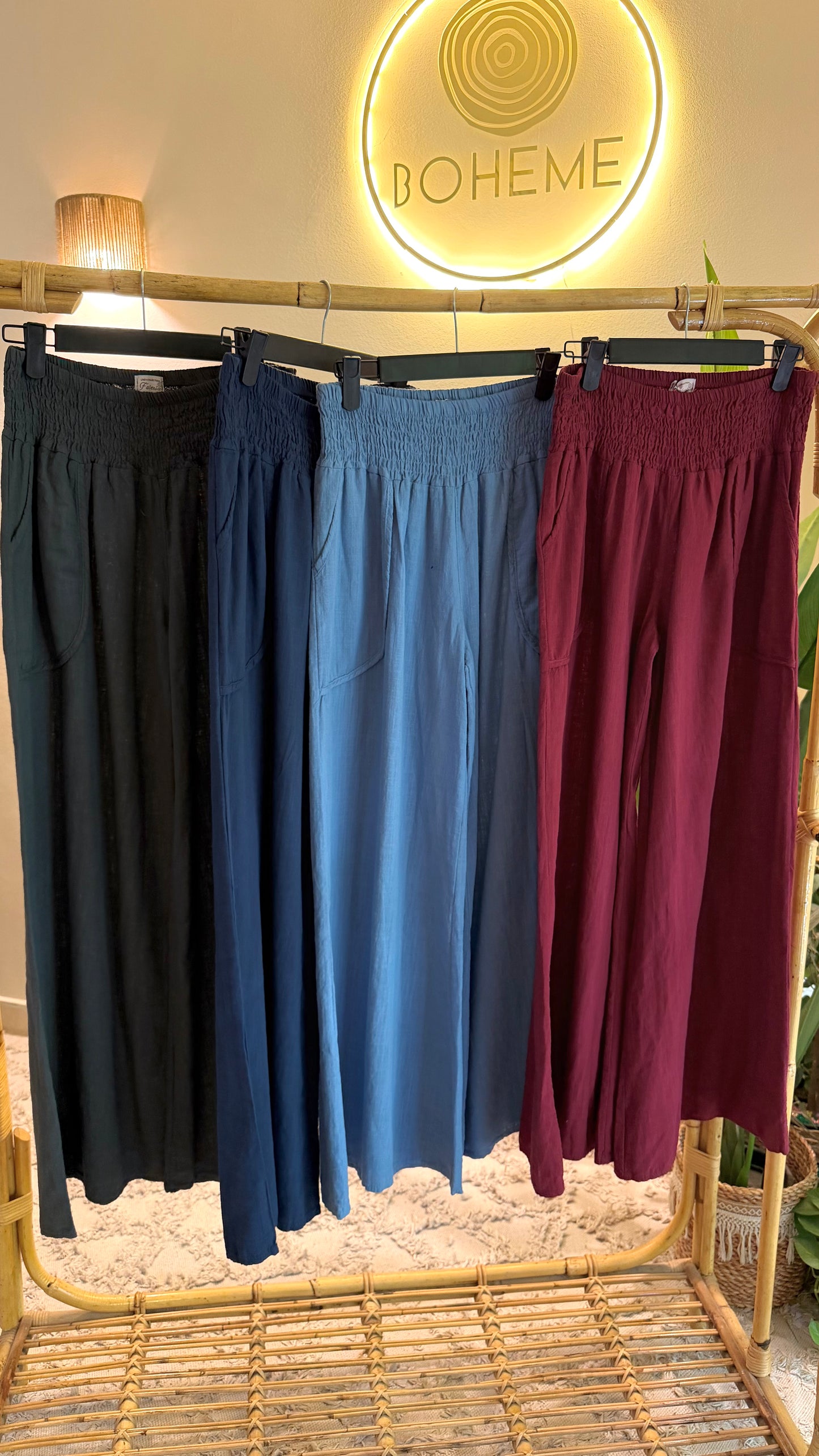 Italian Burgundy Linen Wide Leg Pants With Elastic Waist