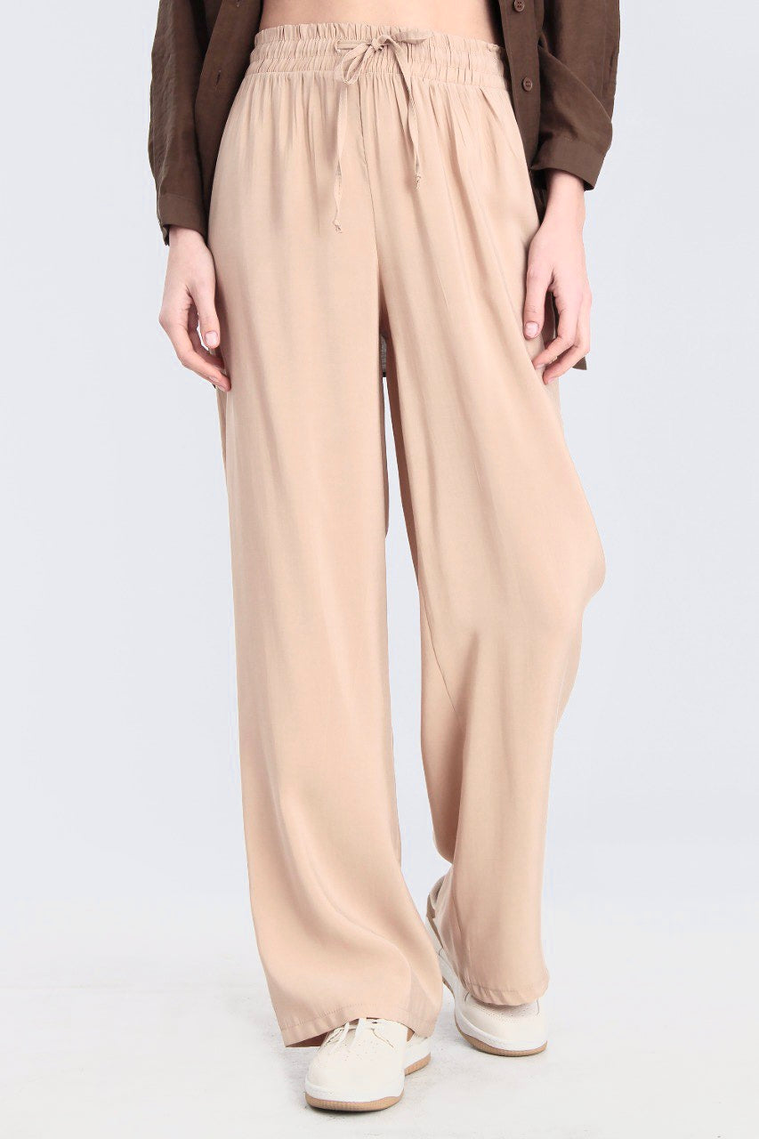 Beige Straight Pants with Elastic Waist