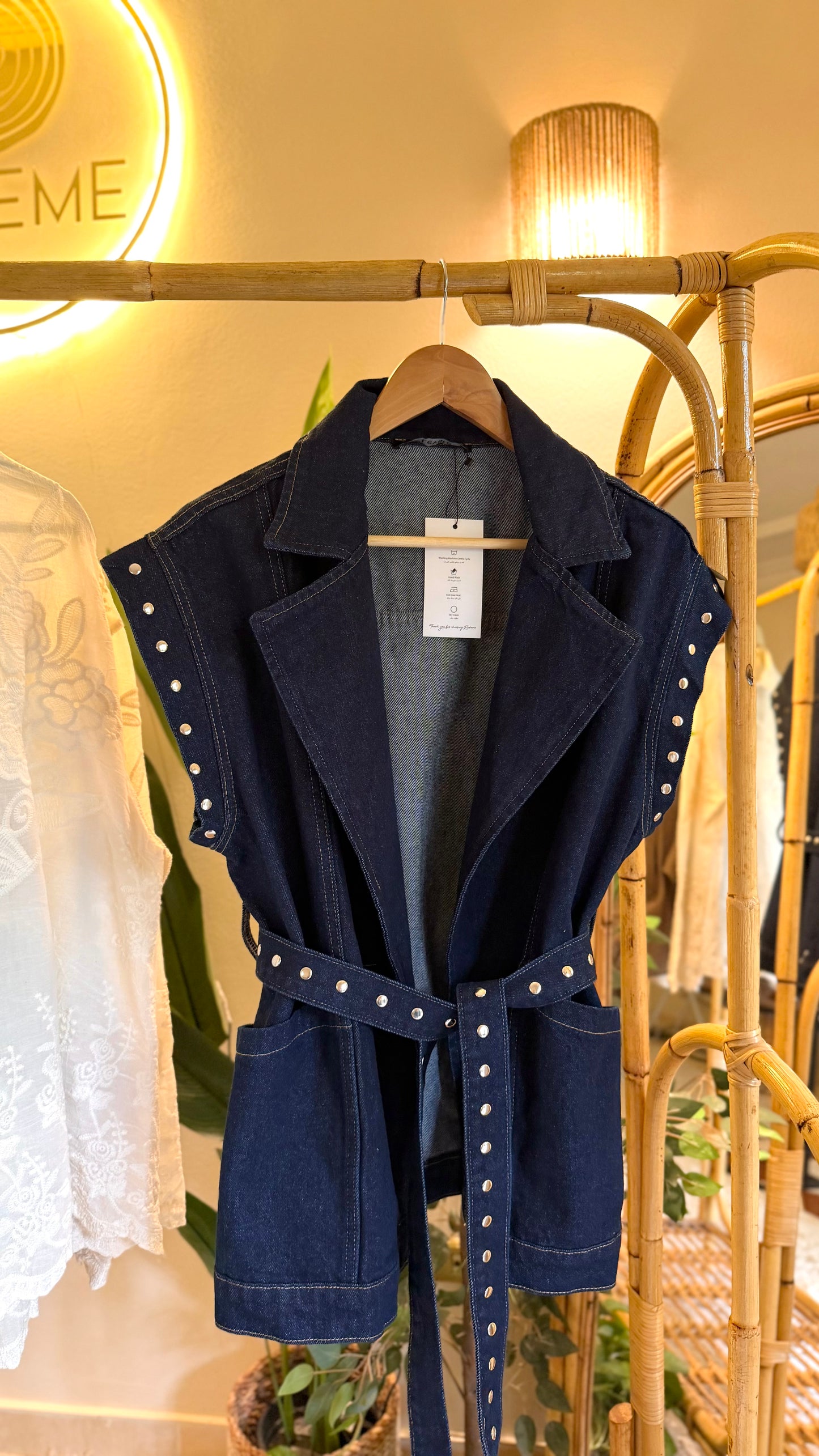 Dark Blue Denim Studded Vest With Belt & Pockets