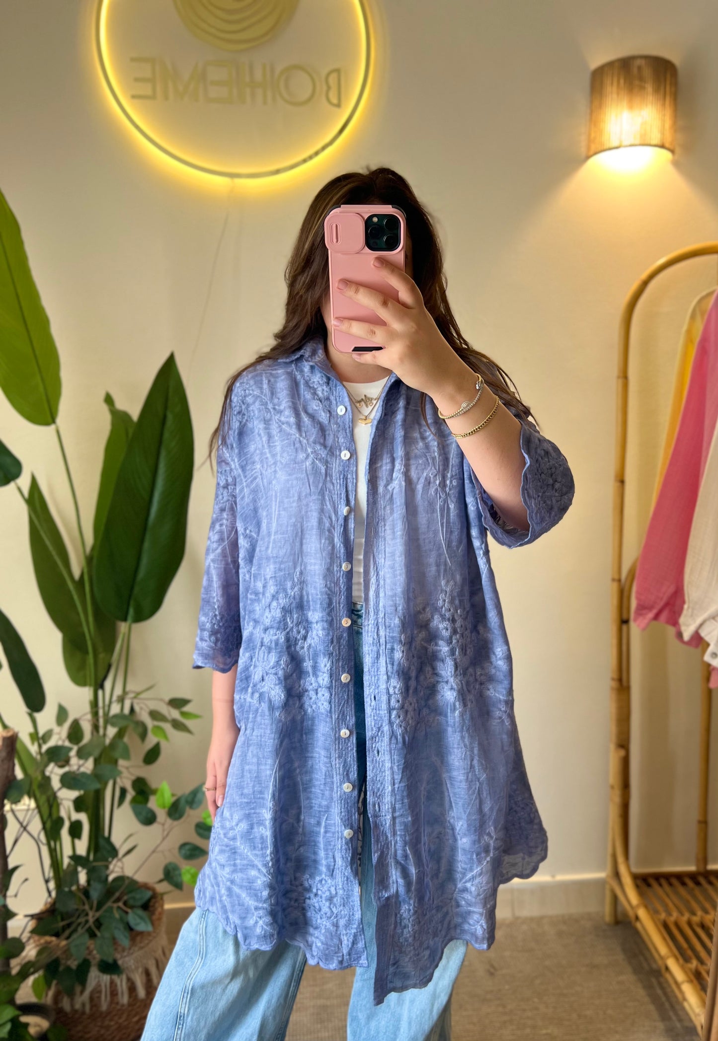 Blue Embroidered Floral Lace Long Shirt