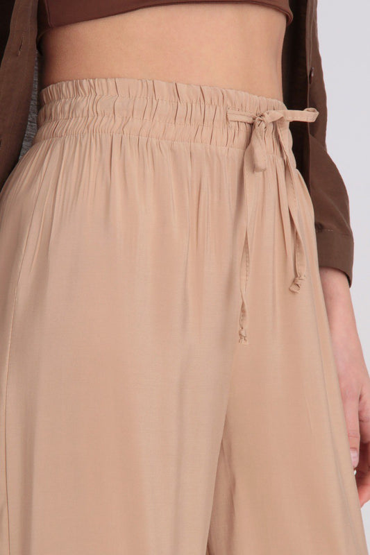 Camel Straight Pants with Elastic Waist