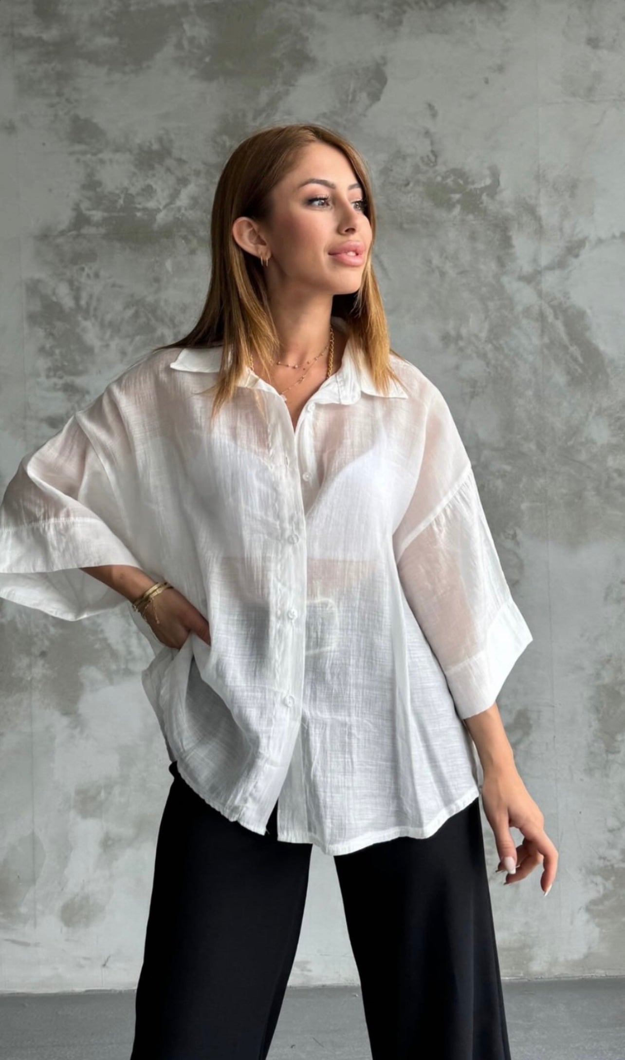 White Oversized 3/4 Sleeve Shirt