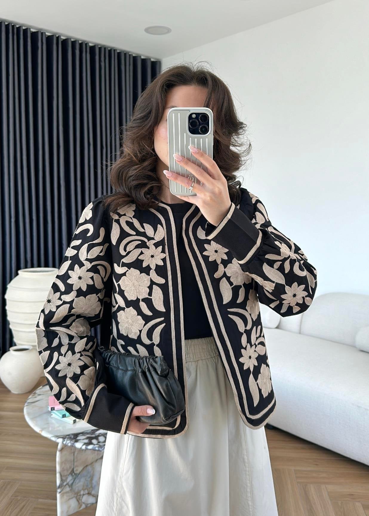 Black X Beige Embroidered Floral Jacket