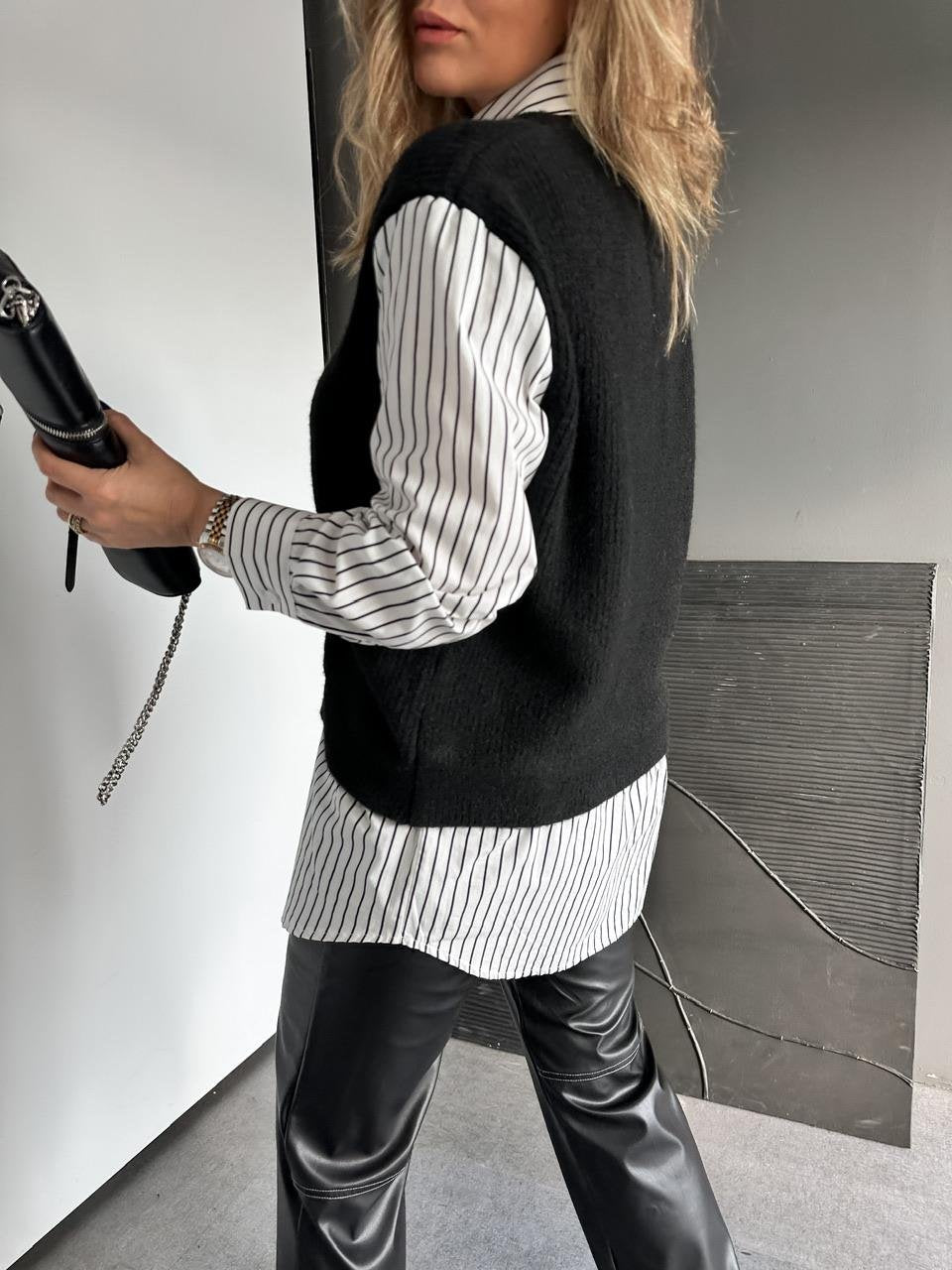 Black V Triko Vest With Striped Black Cotton Shirt (one piece)
