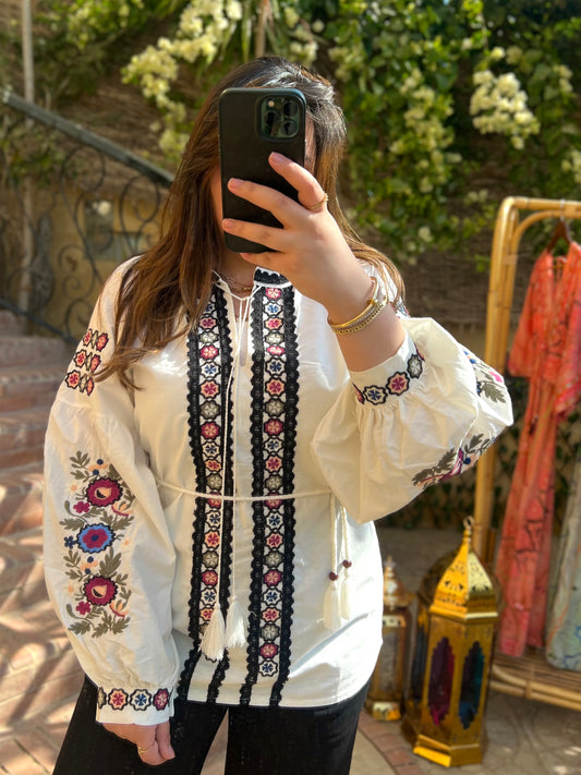 White Floral Embroidered Shirt Blouse