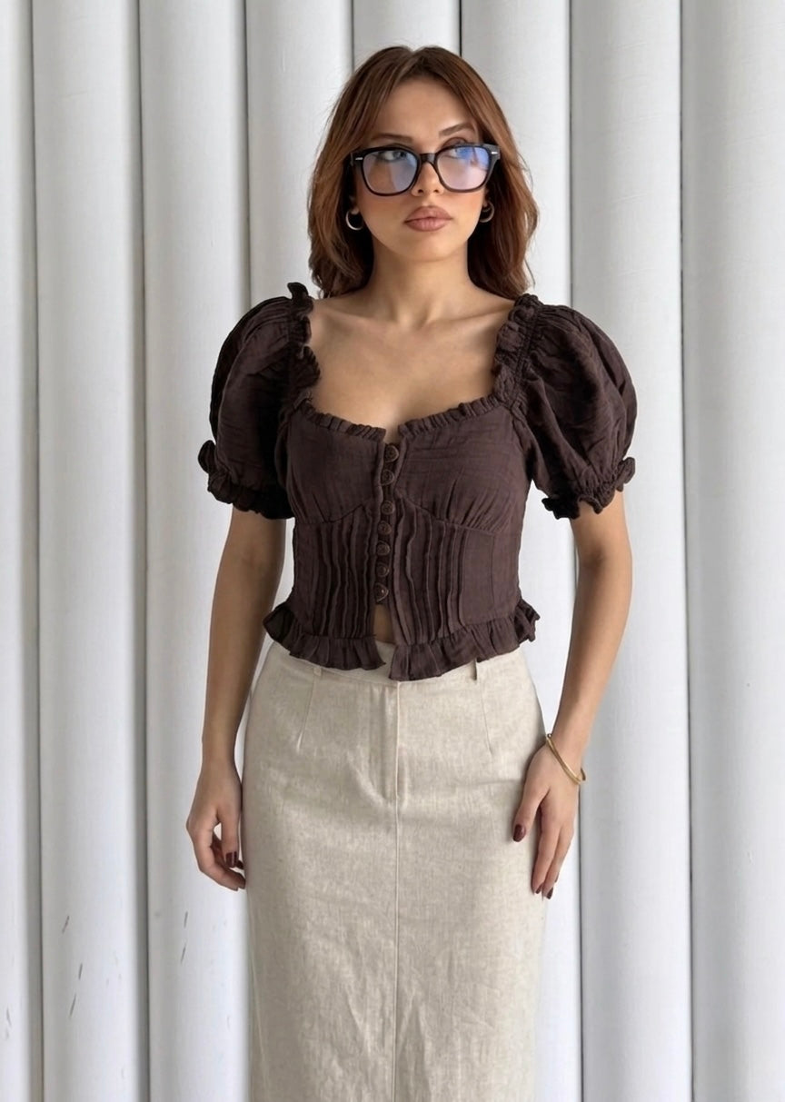 Brown Corset Waist Half Sleeve Blouse