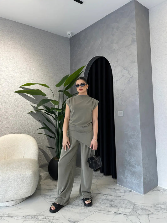 Olive Draped Asymmetric Top Set