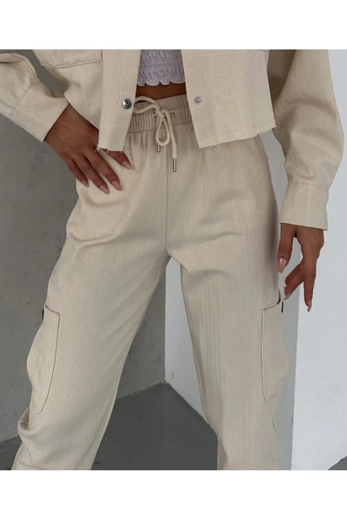 Cargo Elastic Waist Linen Pants