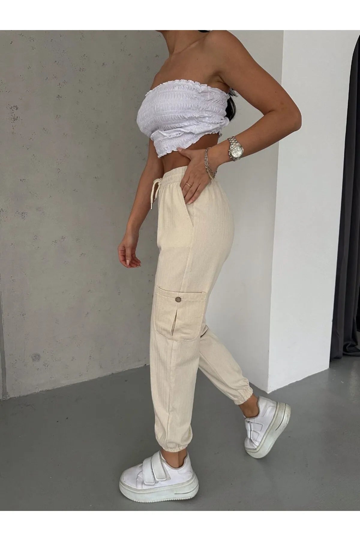Cargo Elastic Waist Linen Pants