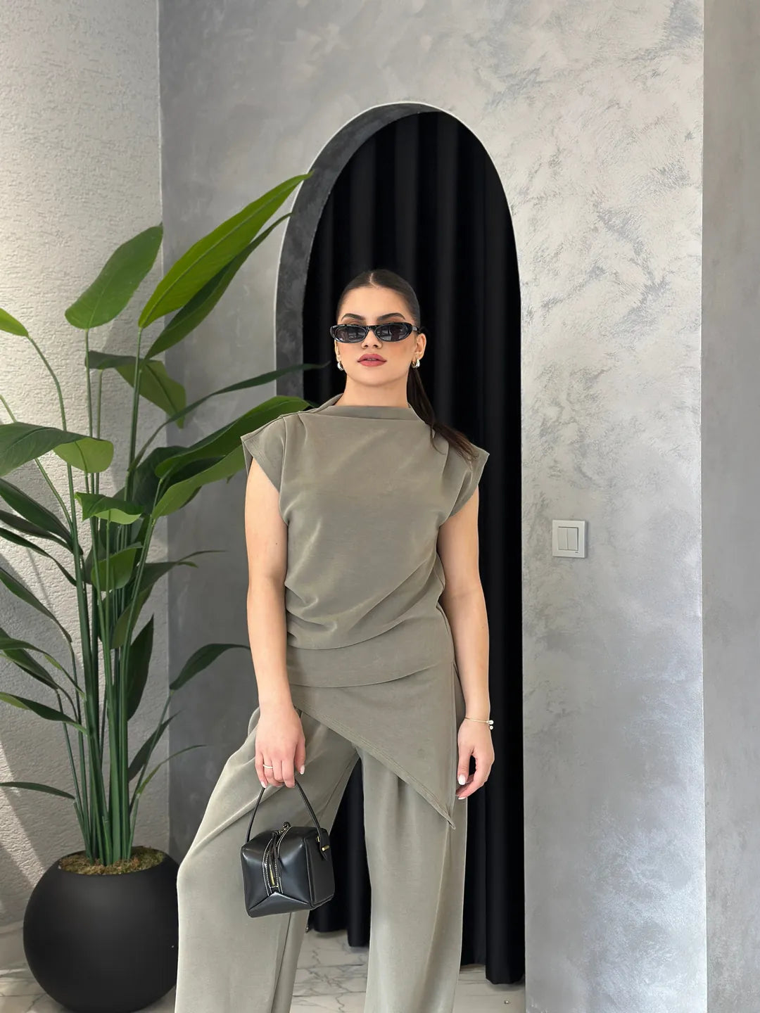 Olive Draped Asymmetric Top Set
