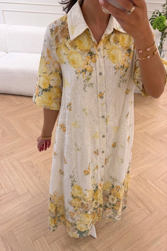 Italian Linen Cut Out Yellow Floral Dress
