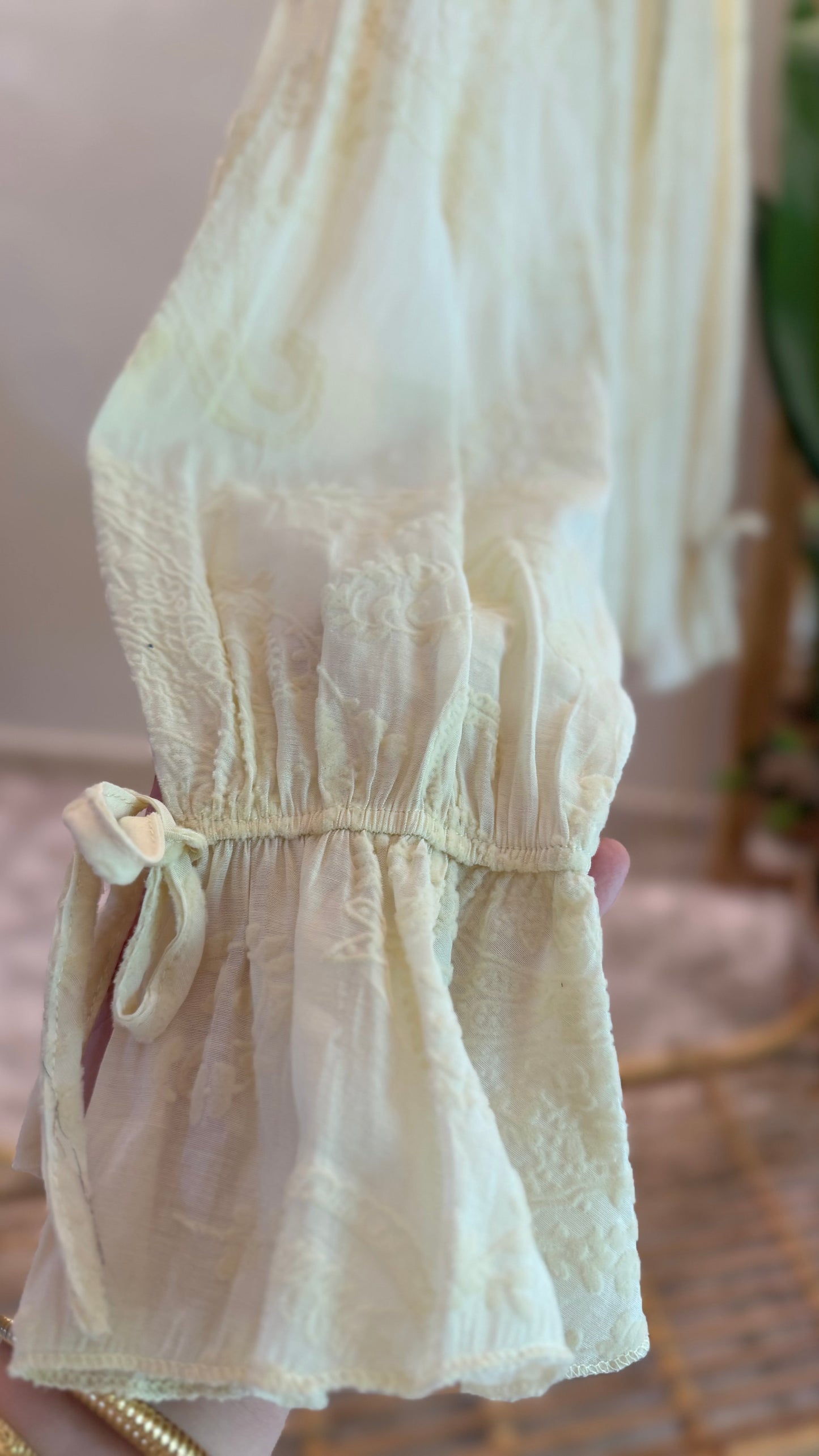 Boho Beige Embroidery Blouse With Ties