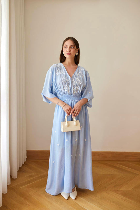Baby Blue Cotton Embroidered Dress
