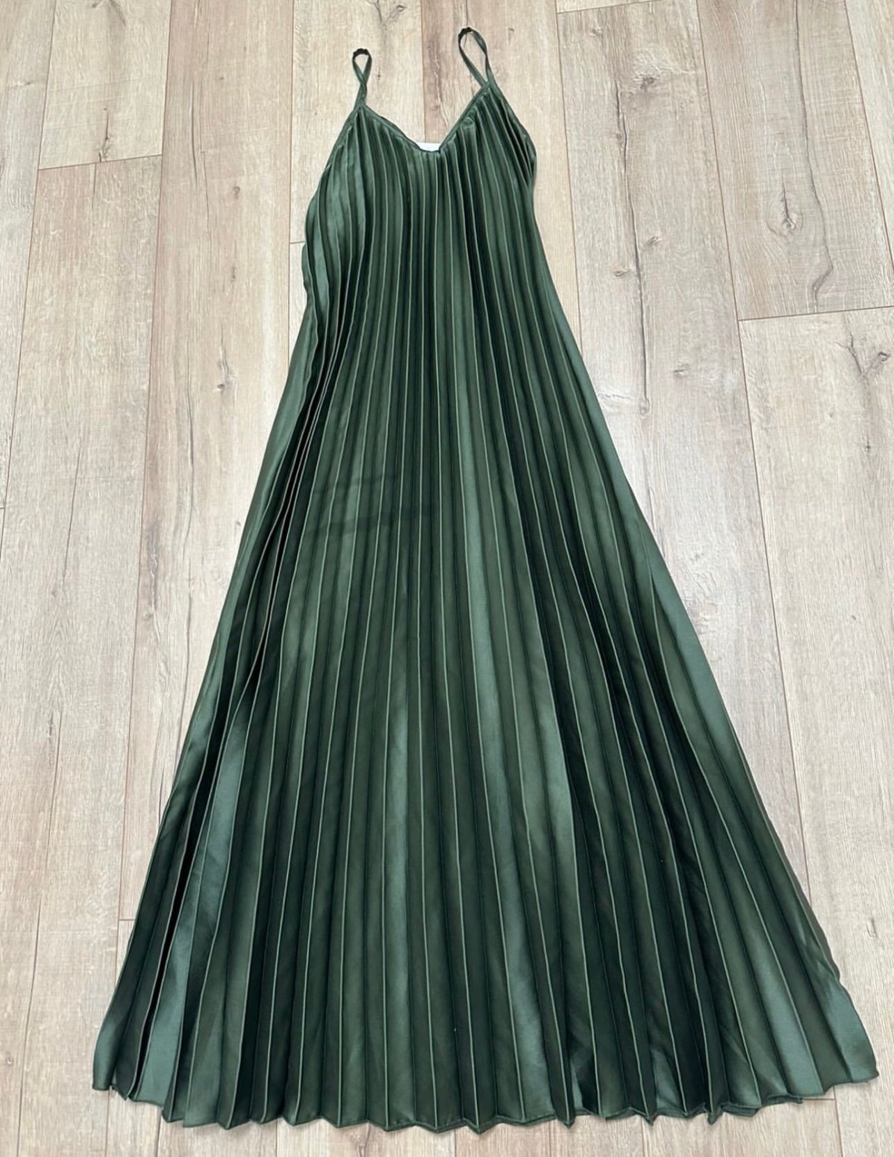 Olive Pleated Straps Italian Dress