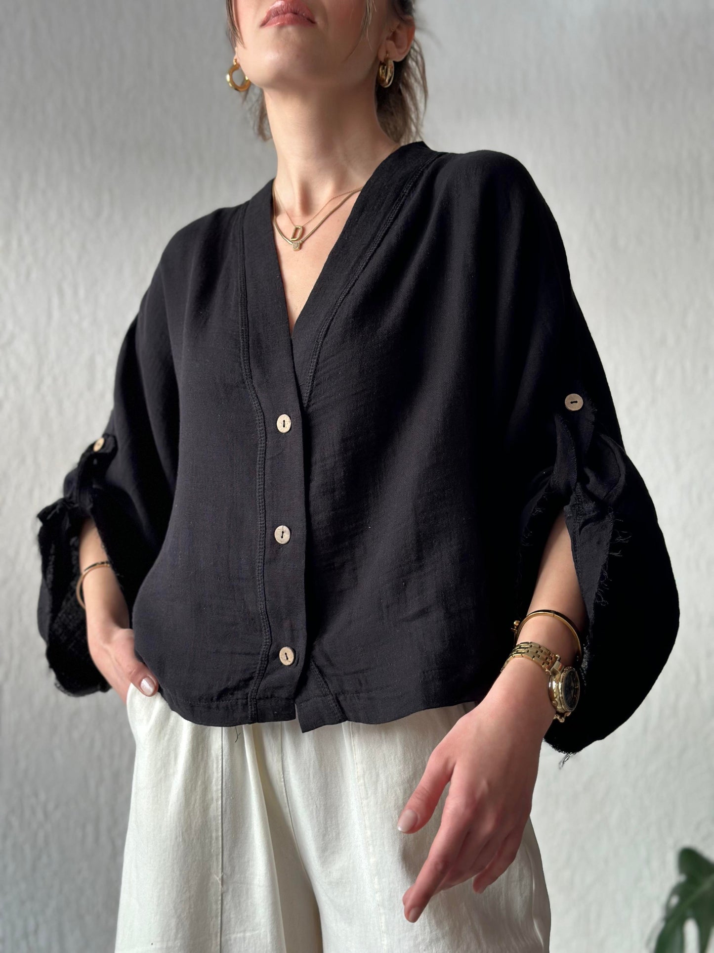 Black Muslin Cotton Blouse With Back Ties
