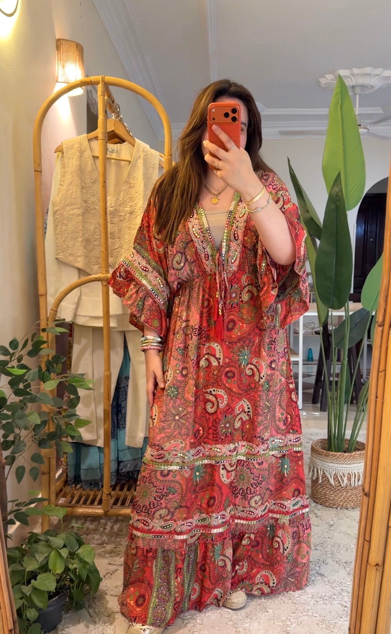 The Italian Orange Paisly Dress With Embroidery & Tassels