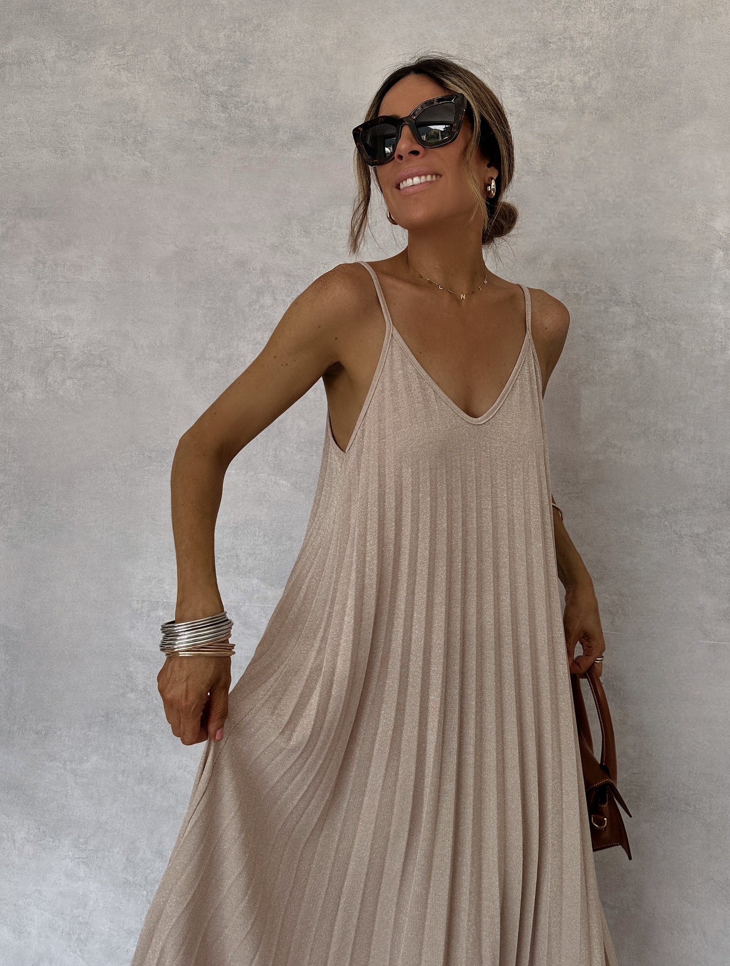 Beige Pleated Straps Italian Dress