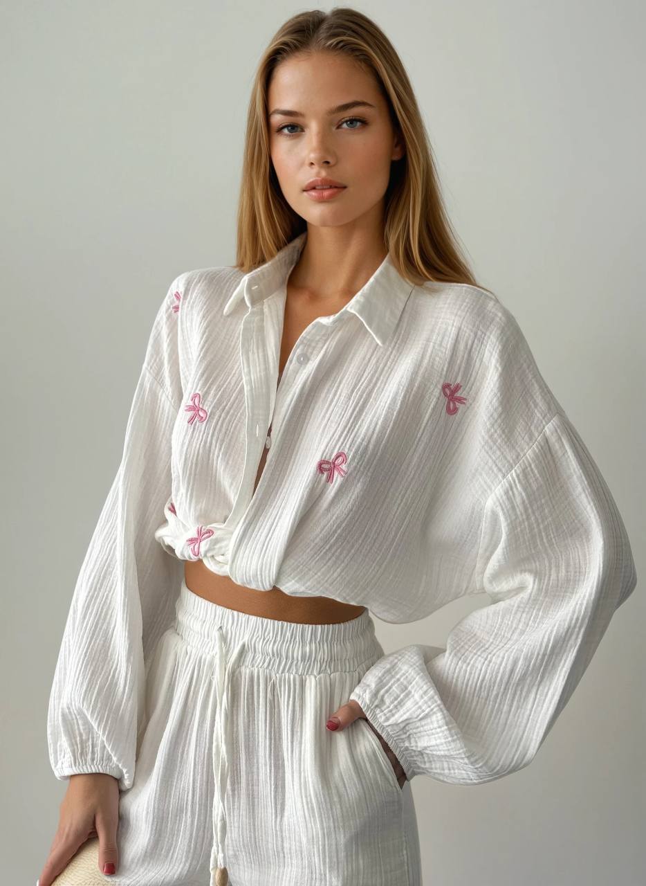 The White Pink Bow Embroidered Shirt